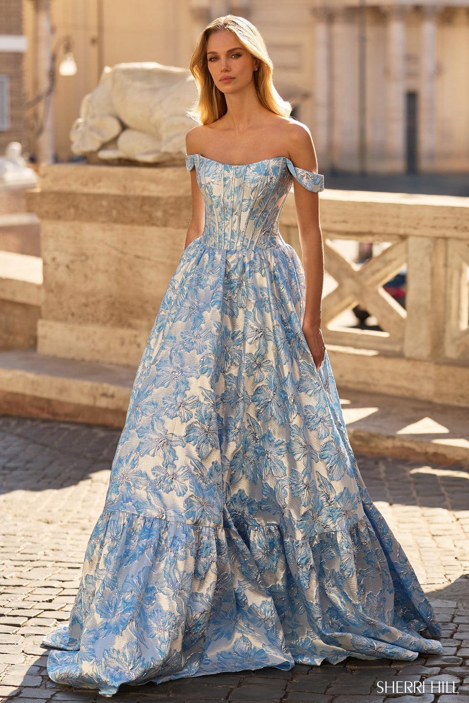 sherri hill Off the shoulder brocade ballgown with corset bodice