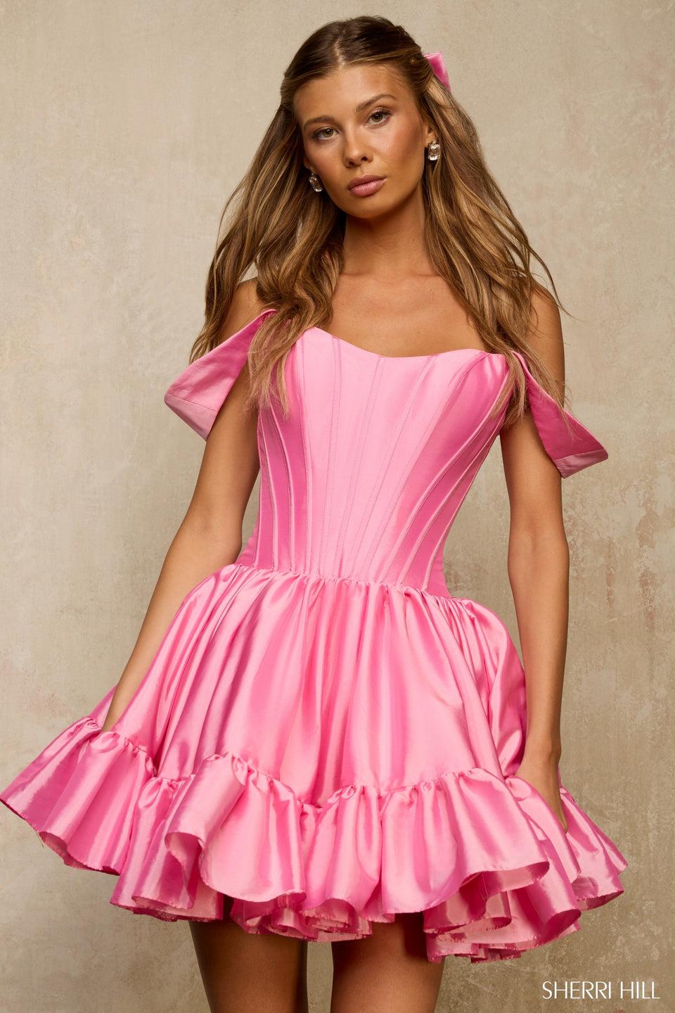 sherri hill Off the shoulder cocktail dress with corset bodice and a clip in hair bow
