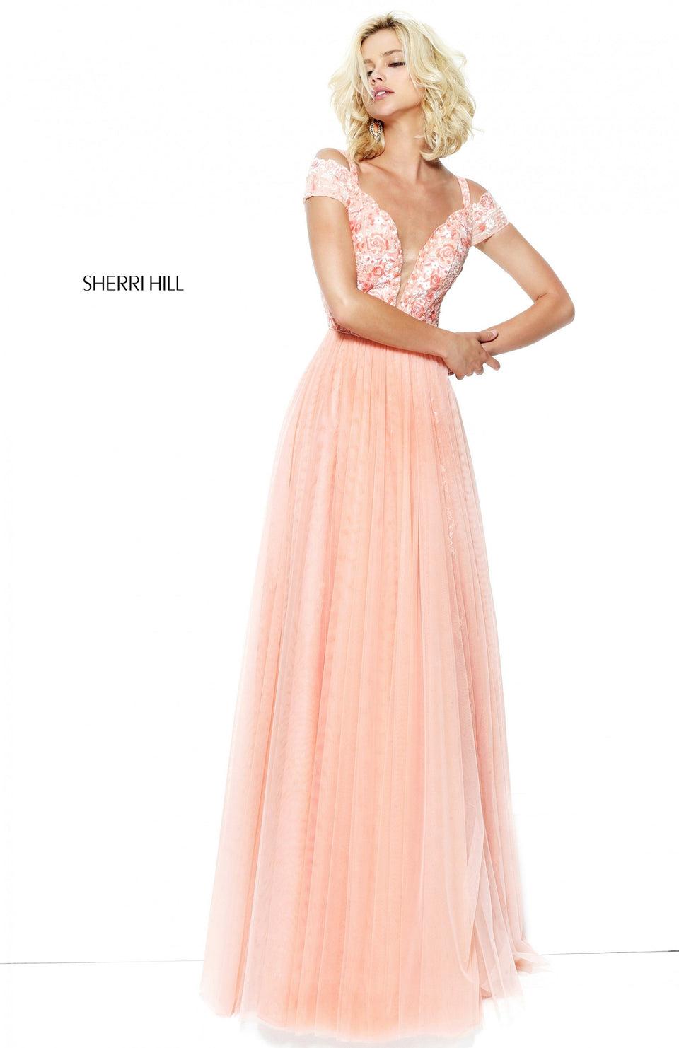 Sherri Hill Off-the-shoulder Embroidered Bodice With A Tulle And Lace Skirt