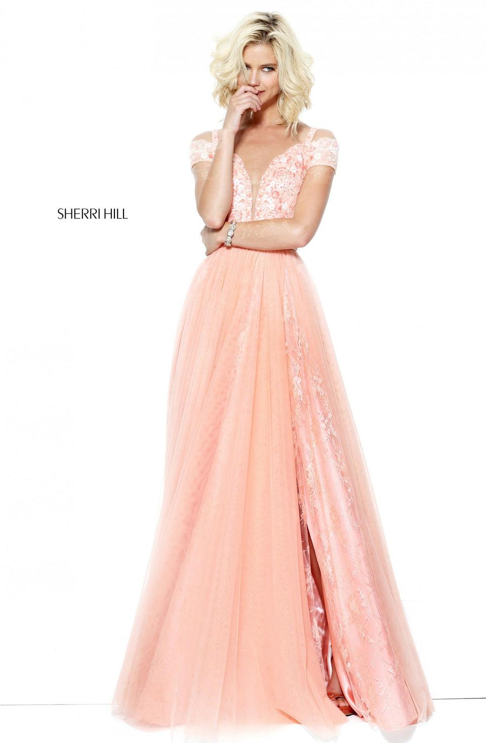 Sherri Hill Off-the-shoulder Embroidered Bodice With A Tulle And Lace Skirt
