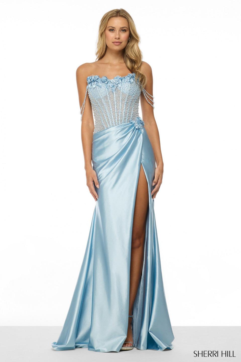 sherri hill Off the shoulder fitted dress with sheer pearl corset bodice flower embellishments and a skirt slit