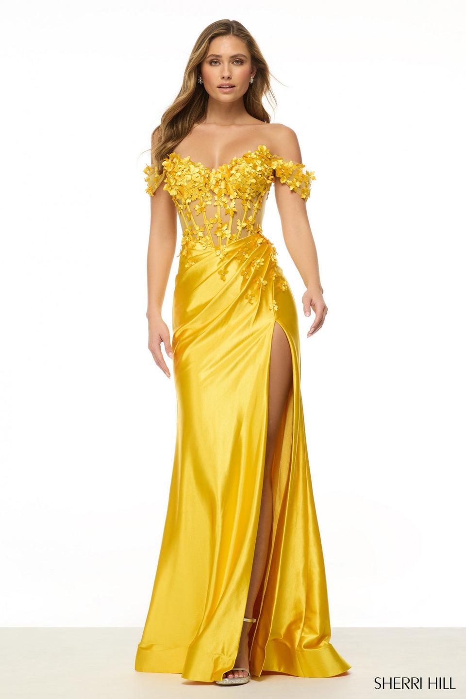 Sherri Hill Off The Shoulder Fitted Gown With Corset Bodice Flower Embellishments And A Skirt Slit