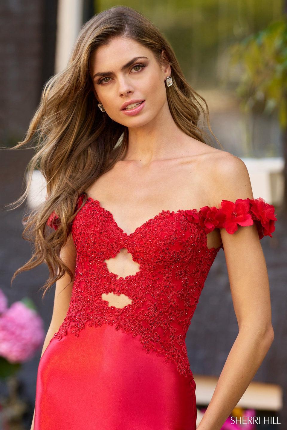 Sherri Hill Off The Shoulder Fitted Gown With Lace Bodice Keyholes And Stretched Satin Skirt