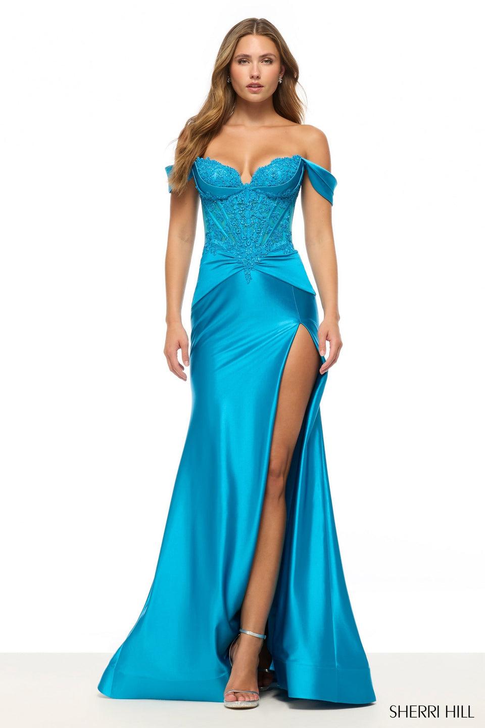 sherri hill Off the shoulder fitted stretch satin gown with lace corset bodice and a skirt slit