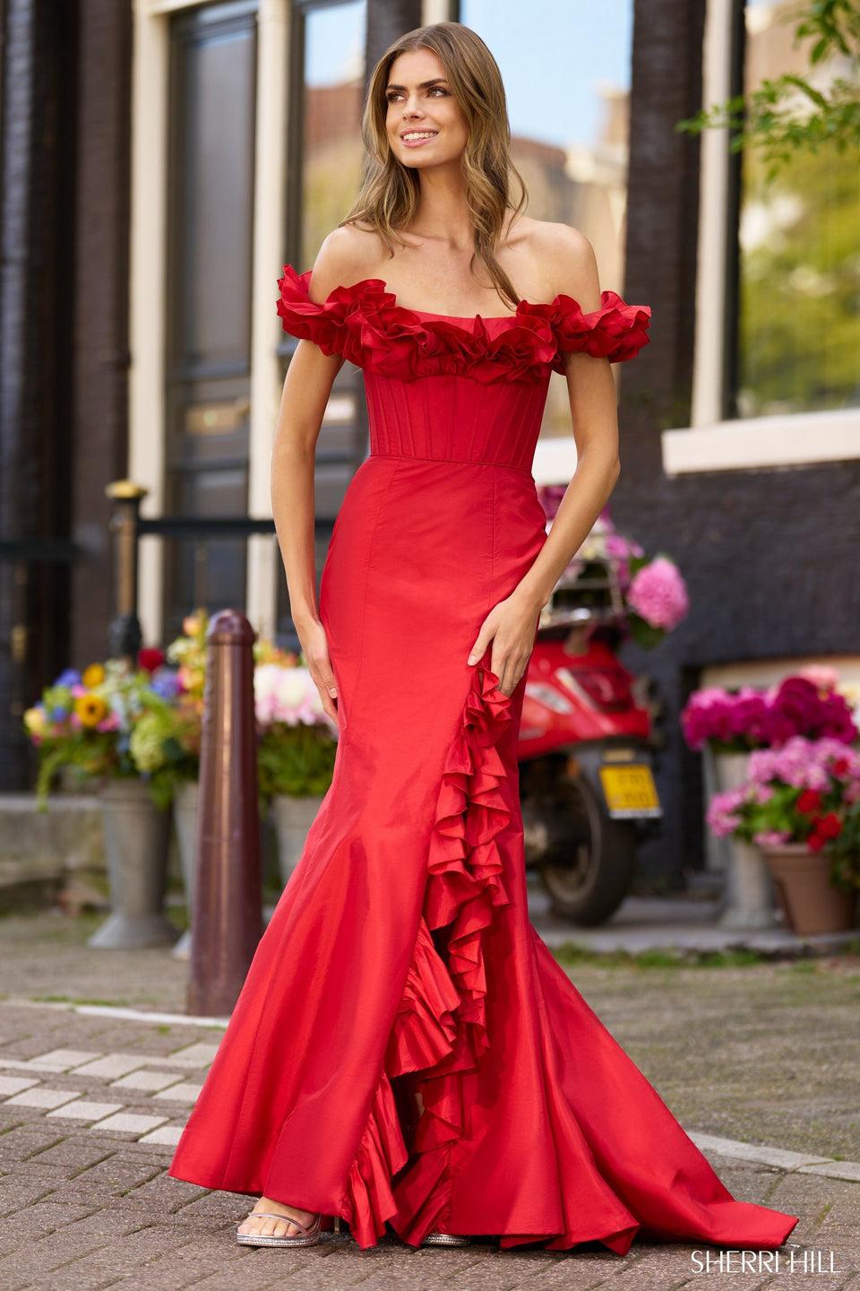 Sherri Hill Off-the-shoulder Fitted Taffeta Gown With Corset Bodice Lace Up Back Ruffle Neckline And High Slit