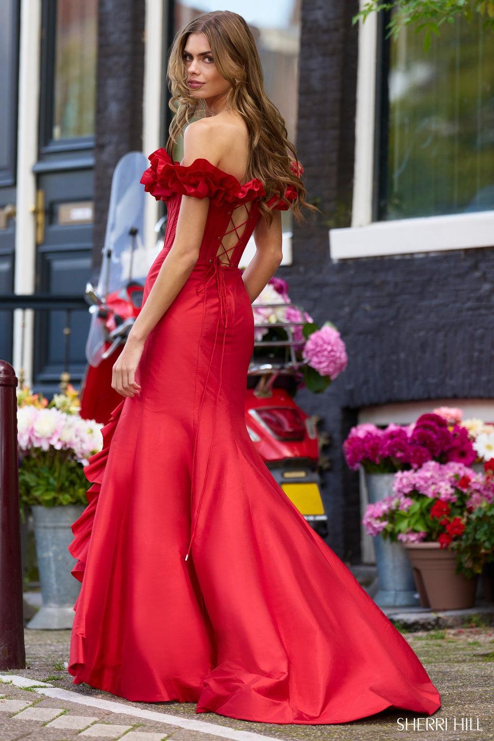 Sherri Hill Off-the-shoulder Fitted Taffeta Gown With Corset Bodice Lace Up Back Ruffle Neckline And High Slit