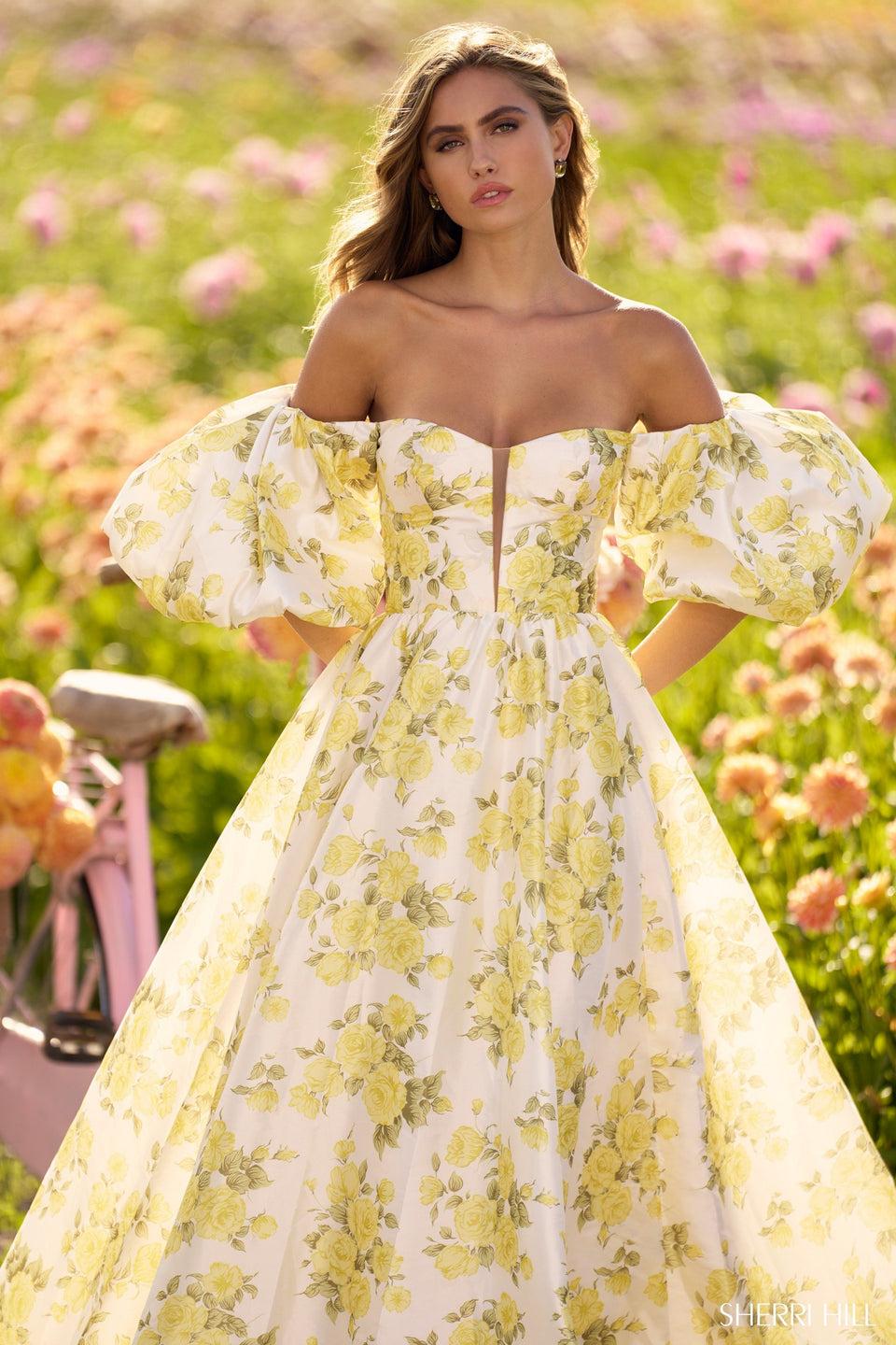 Sherri Hill Off The Shoulder Floral Print Ball Gown With Ballon Sleeves And Skirt Slit