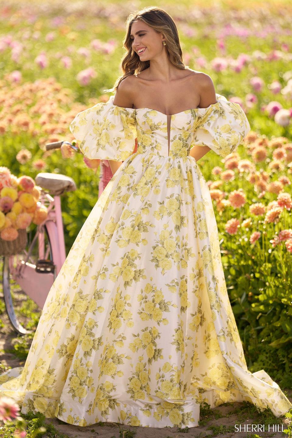Sherri Hill Off The Shoulder Floral Print Ball Gown With Ballon Sleeves And Skirt Slit