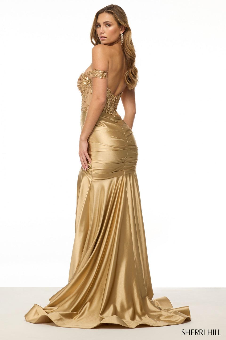 Sherri Hill Off The Shoulder Gown With Sequin Lace Corset Bodice And Ruched Skirt With High Slit