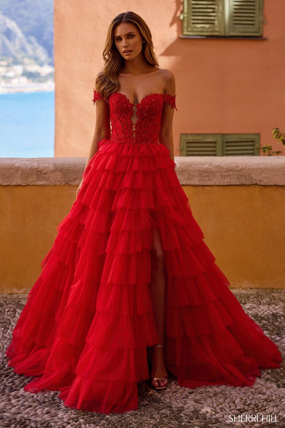 Sherri Hill Off The Shoulder Lace Bodice Ball Gown With Tulle Ruffle Skirt