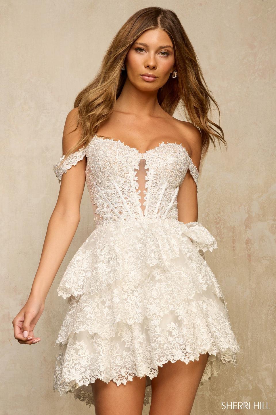 sherri hill Off the shoulder lace cocktail dress with ruffle skirt and keyhole