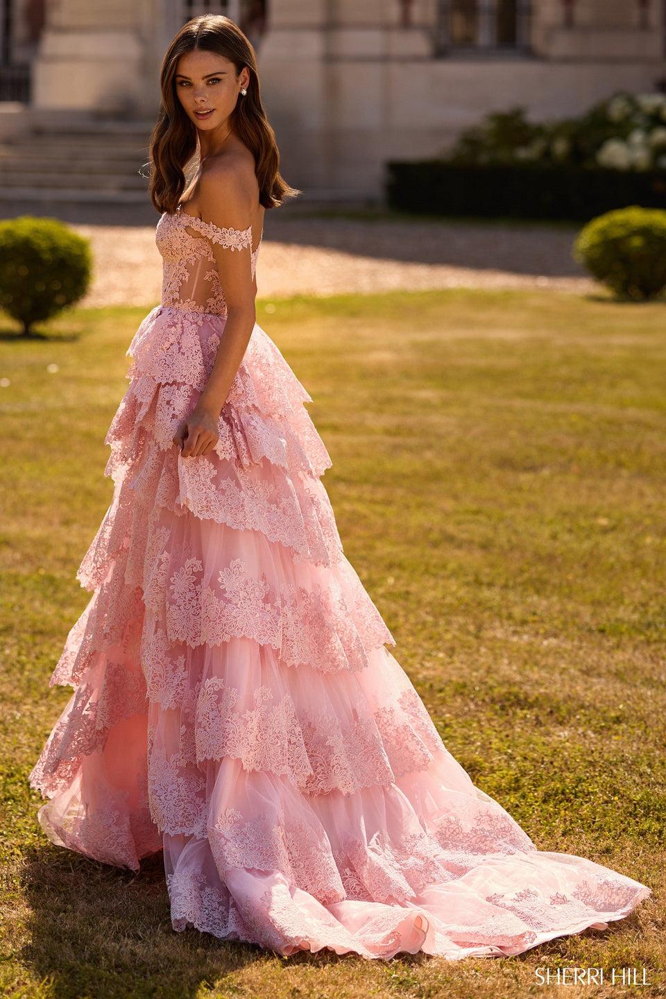 Sherri Hill Off The Shoulder Lace Gown With Corset Bodice Keyhole And A Ruffle Skirt With Slit