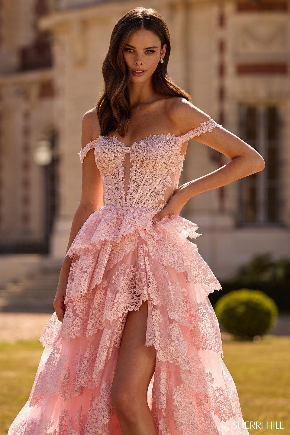 sherri hill Off the shoulder lace gown with corset bodice keyhole and a ruffle skirt with slit