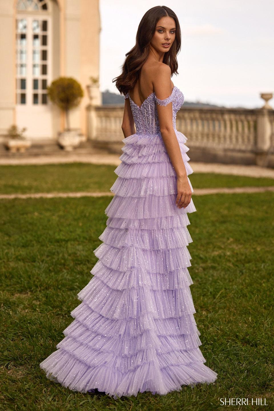 Sherri Hill Off The Shoulder Lace Gown With Tulle Ruffle Skirt