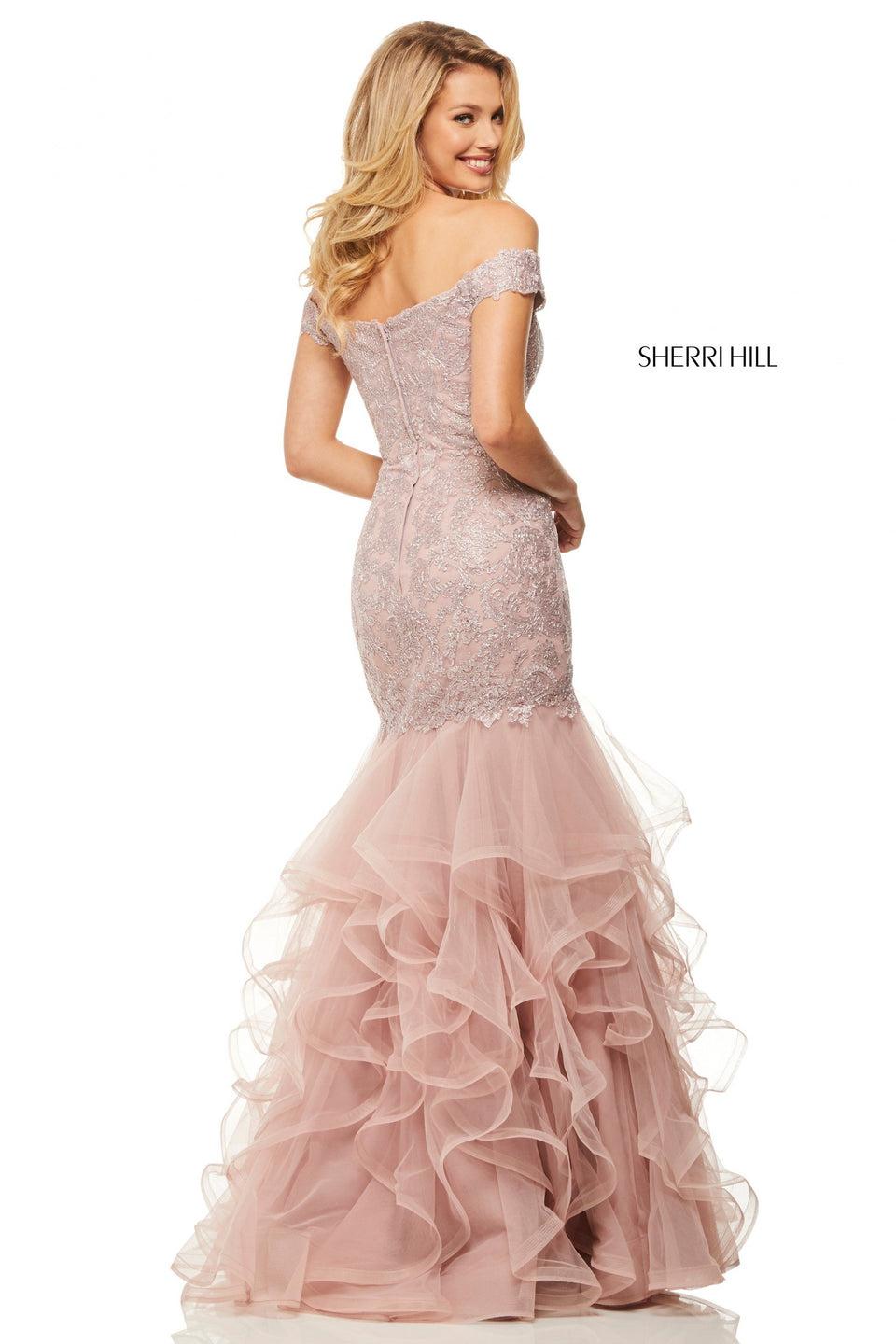 Sherri Hill Off-the-shoulder Mermaid With Metallic Lace Bodice And Ruffle Skirt