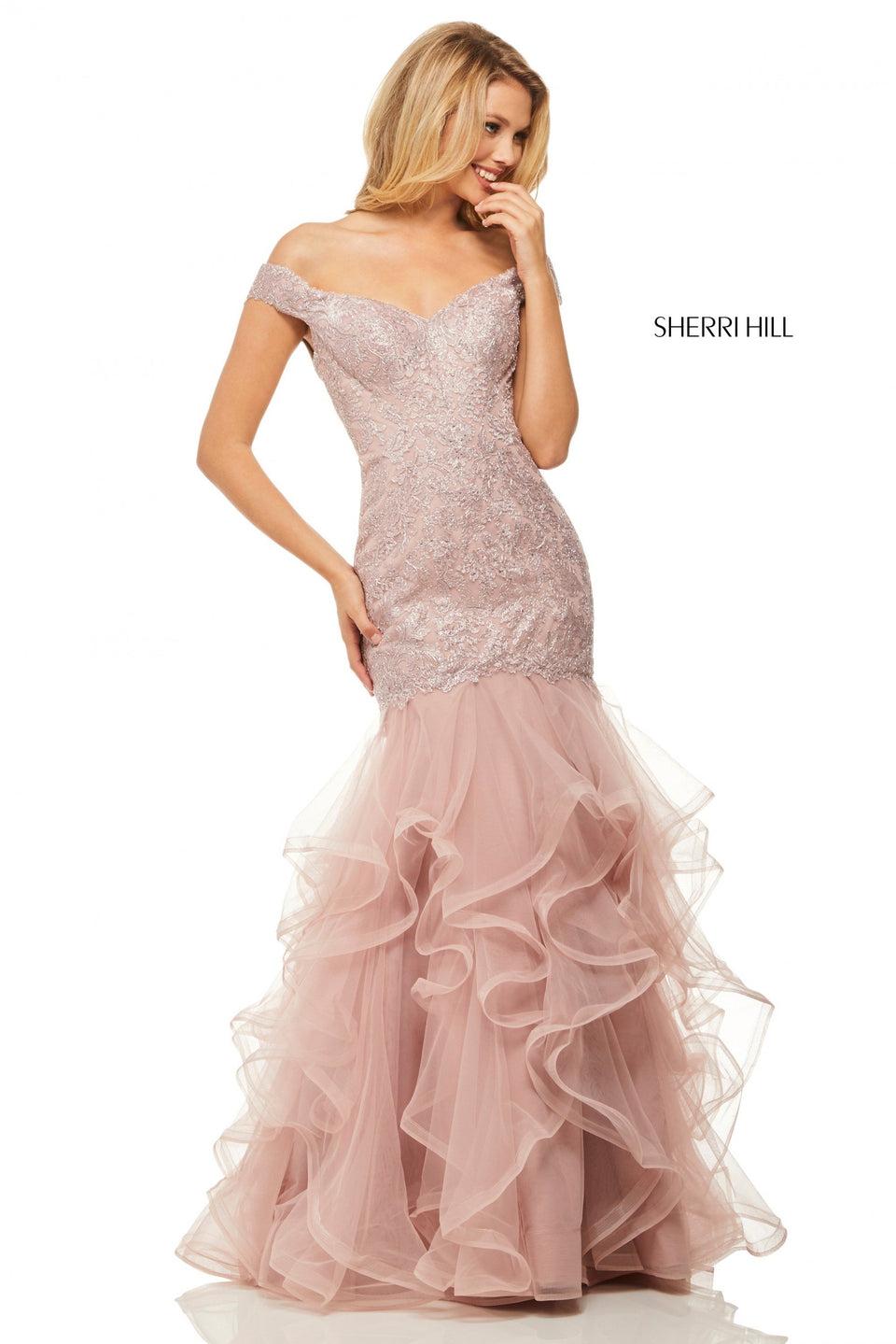 sherri hill Off-the-shoulder mermaid with metallic lace bodice and ruffle skirt