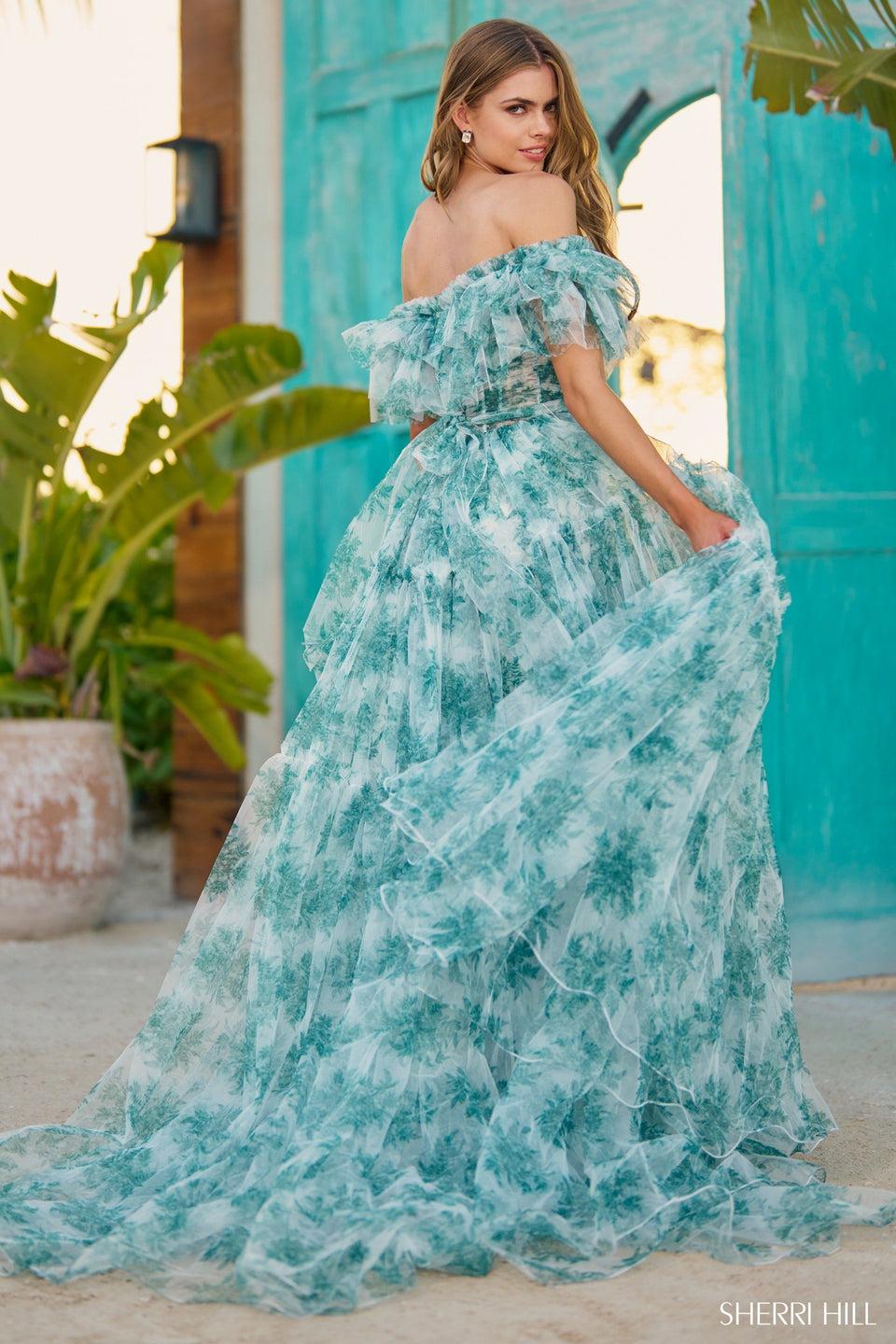 Sherri Hill Off The Shoulder Ruffle Floral Print Gown With Sheer Corset Bodice