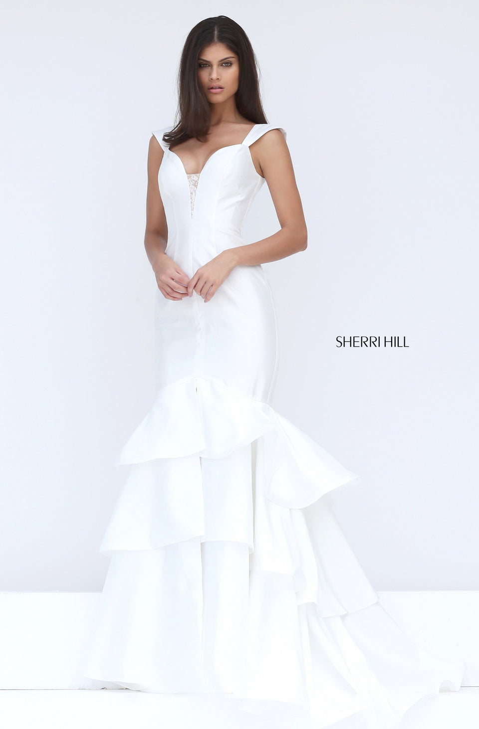 sherri hill Off-the-shoulder ruffle mermaid with a slit in the skirt