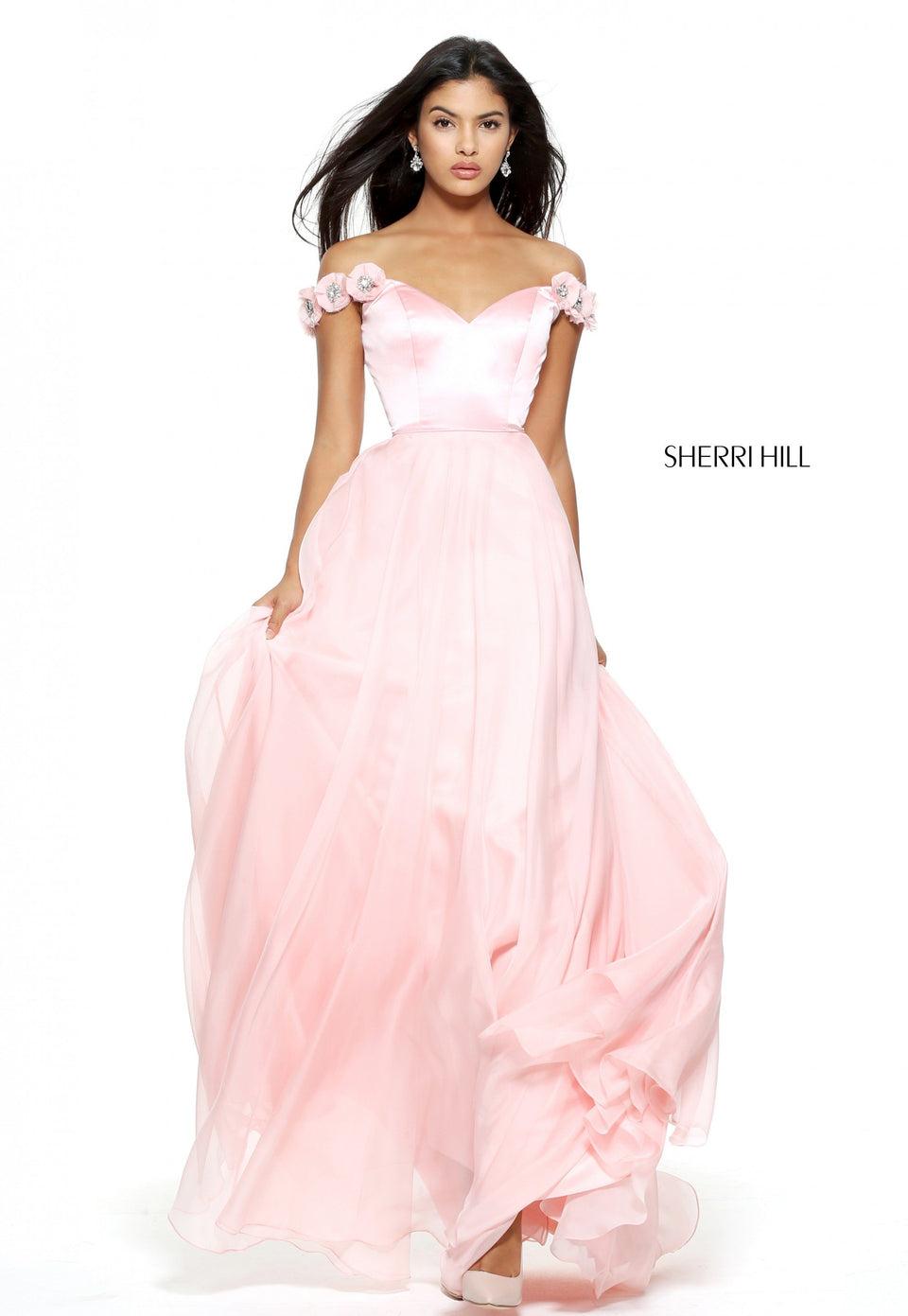 Sherri Hill Off-the-shoulder Satin Bodice With A Chiffon Skirt And Beaded Shoulder Detail