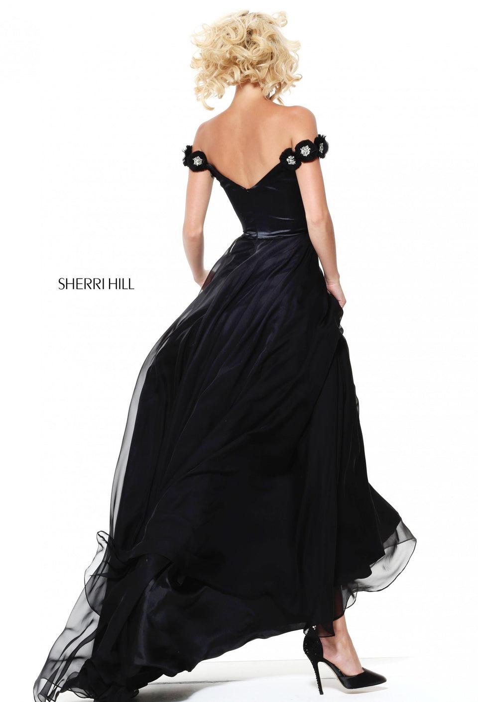 Sherri Hill Off-the-shoulder Satin Bodice With A Chiffon Skirt And Beaded Shoulder Detail