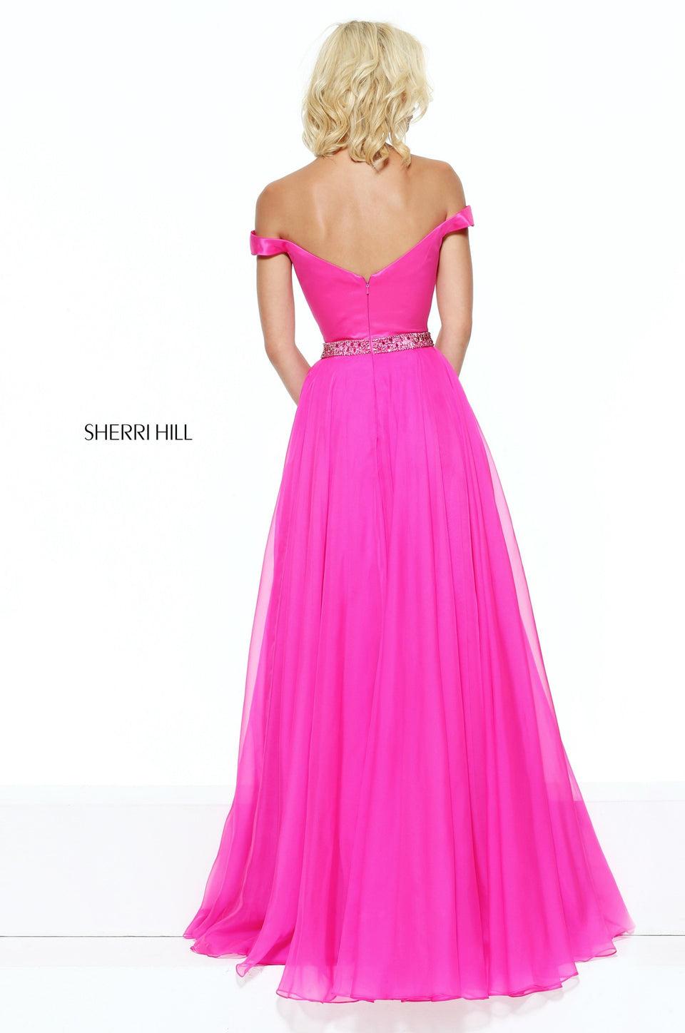 Sherri Hill Off-the-shoulder Satin Bodice With A Chiffon Skirt And Beaded Waist Band