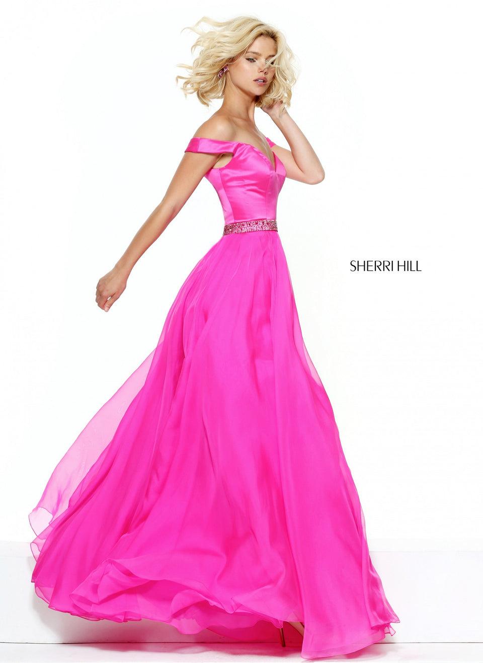 Sherri Hill Off-the-shoulder Satin Bodice With A Chiffon Skirt And Beaded Waist Band