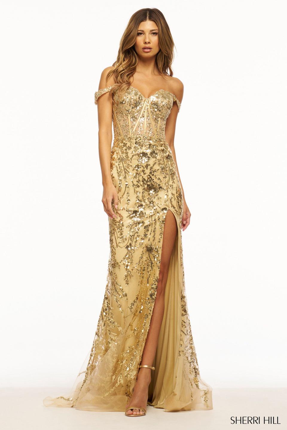 Sherri Hill Off The Shoulder Sequin Gown With Corset Bodice And Skirt Slit