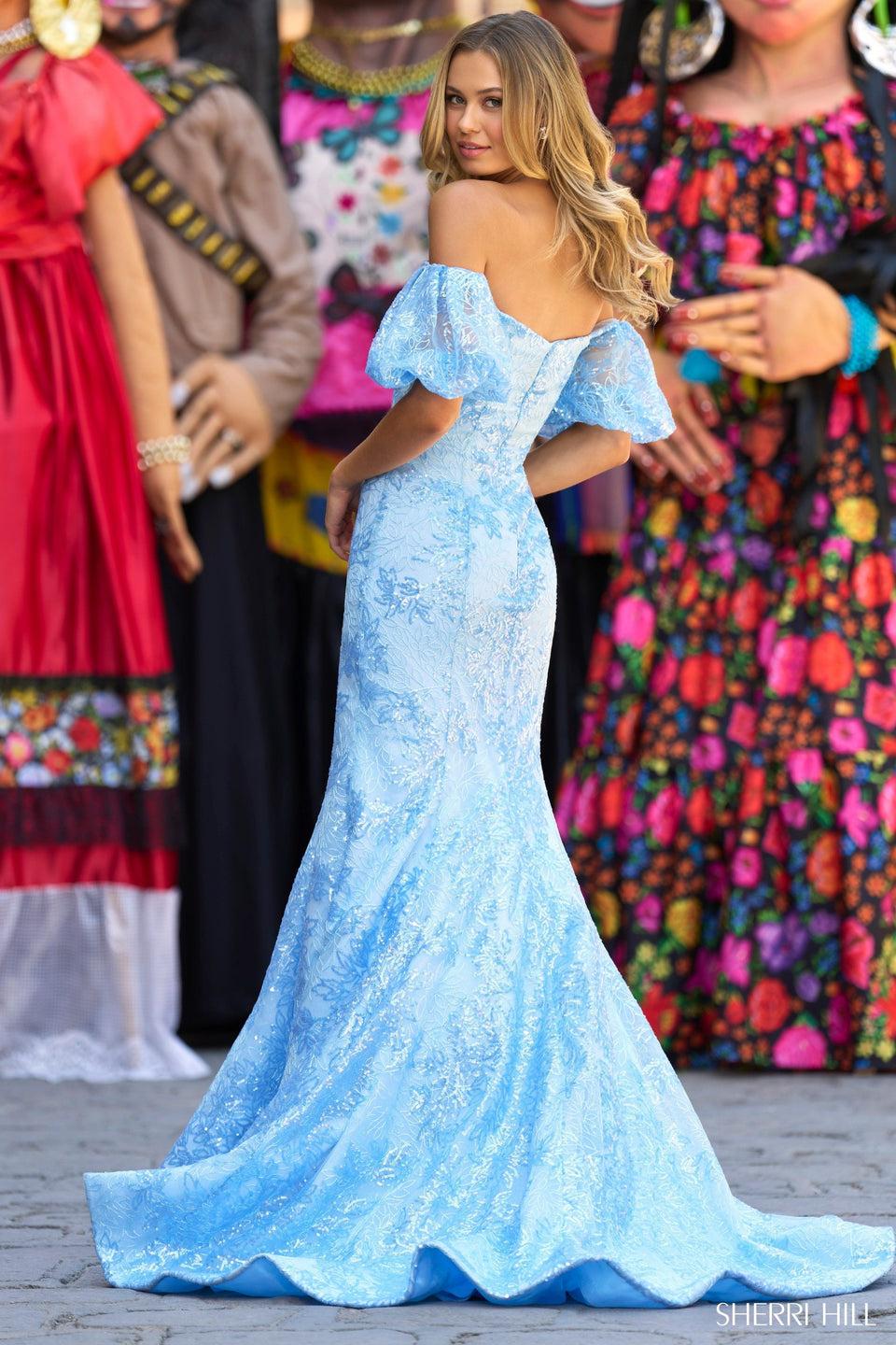 Sherri Hill Off The Shoulder Sequin Lace Mermaid Gown With Ballon Sleeves And Sheer Deep V-Neckline Illusion