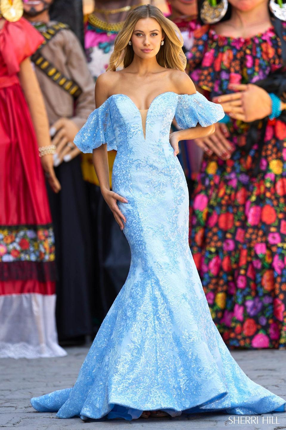 sherri hill Off the shoulder sequin lace mermaid gown with ballon sleeves and sheer deep V-Neckline illusion