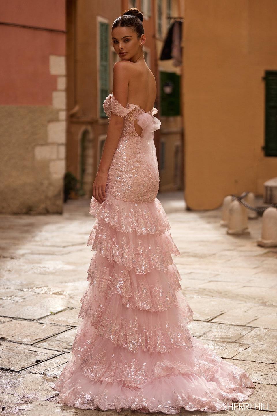 Sherri Hill Off The Shoulder Sequin Lace Mermaid Gown With Ruffle Skirt Slit