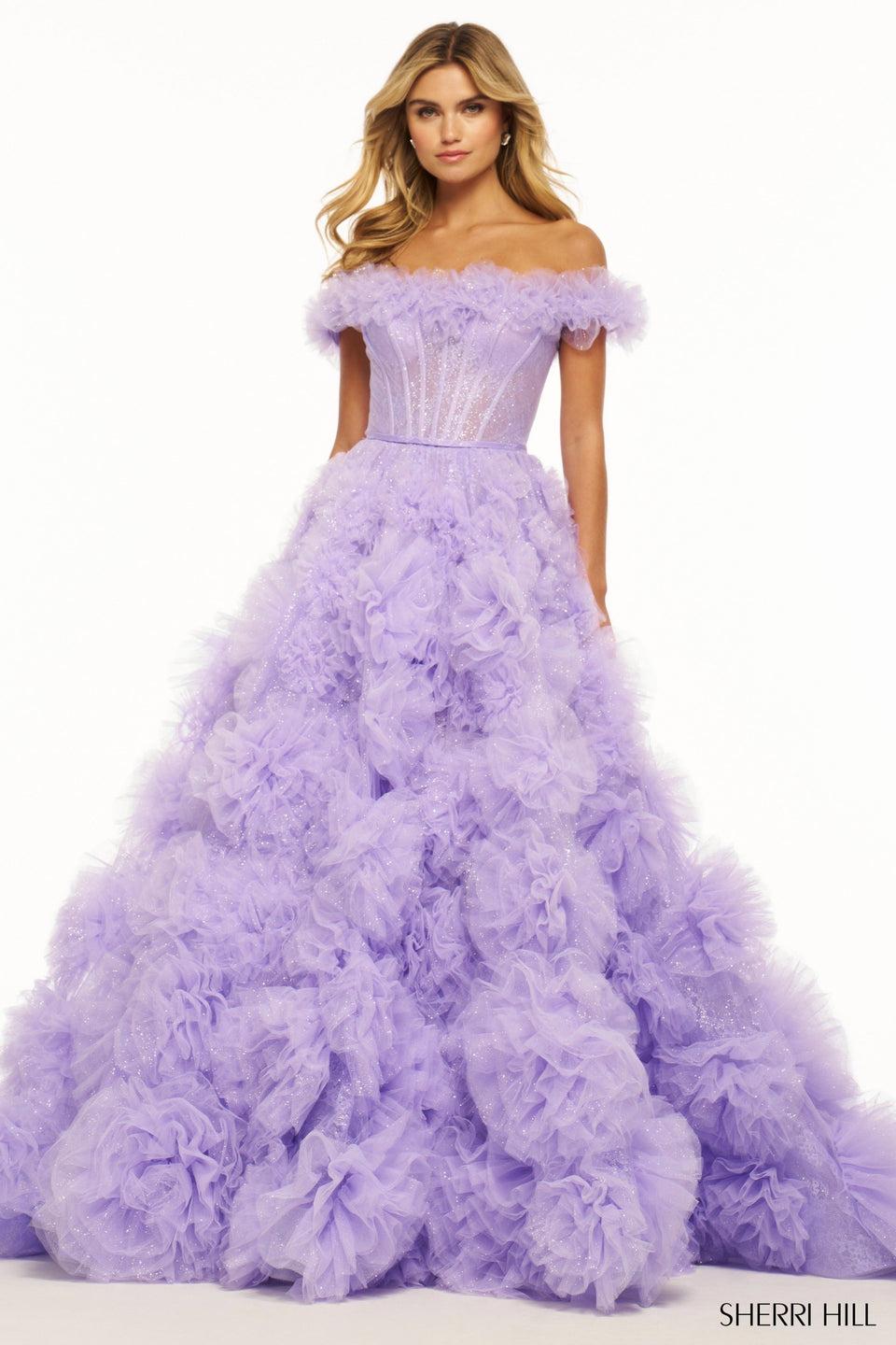 Sherri Hill Off The Shoulder Sparkle Ball Gown With A Corset Bodice Ruffle Embellished Skirt And A Ruffled Bodice Hem