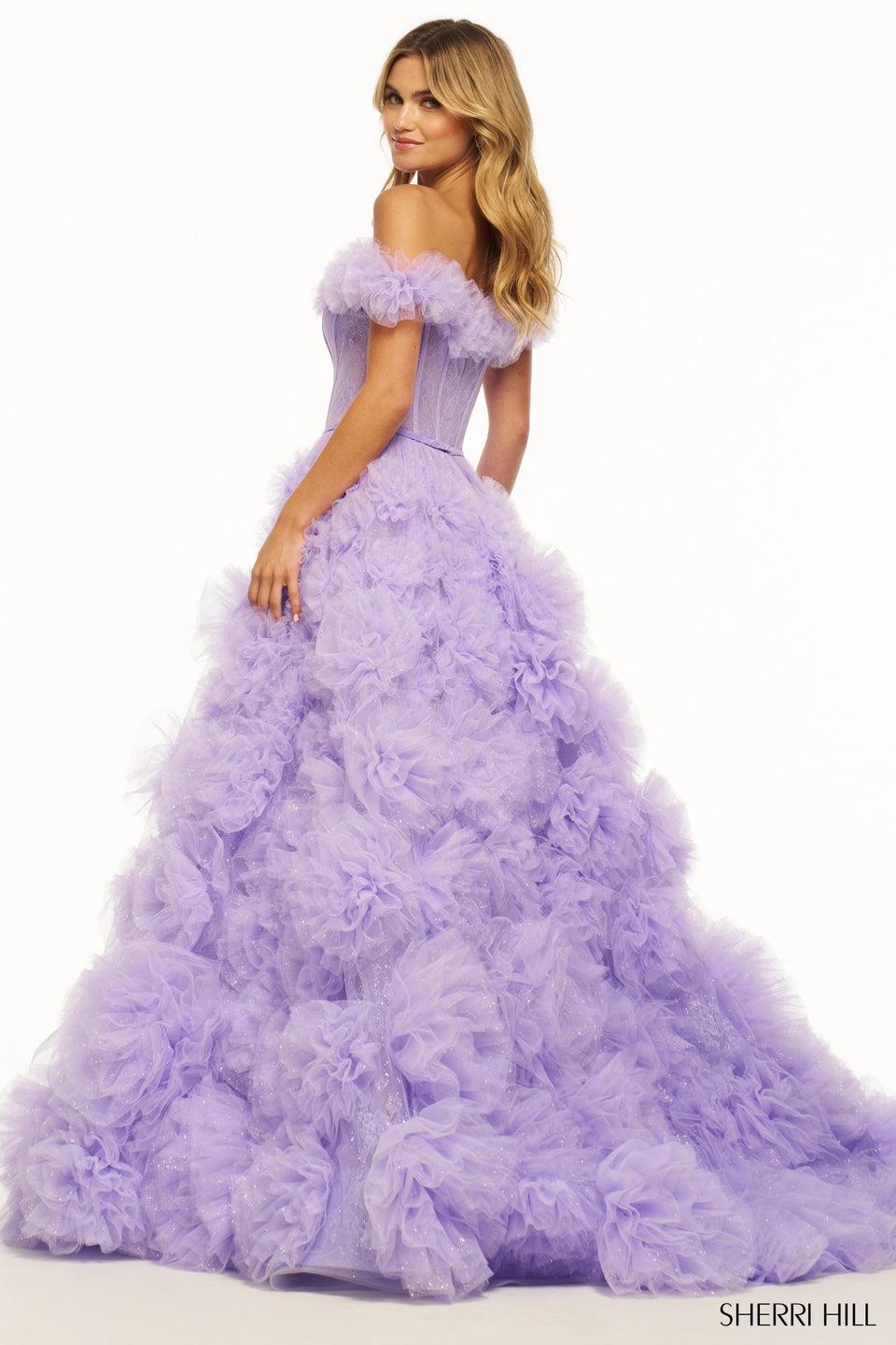 Sherri Hill Off The Shoulder Sparkle Ball Gown With A Corset Bodice Ruffle Embellished Skirt And A Ruffled Bodice Hem