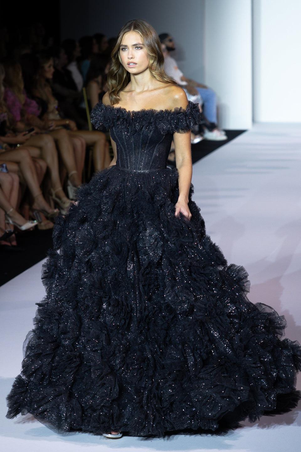 Sherri Hill Off The Shoulder Sparkle Ball Gown With A Corset Bodice Ruffle Embellished Skirt And A Ruffled Bodice Hem