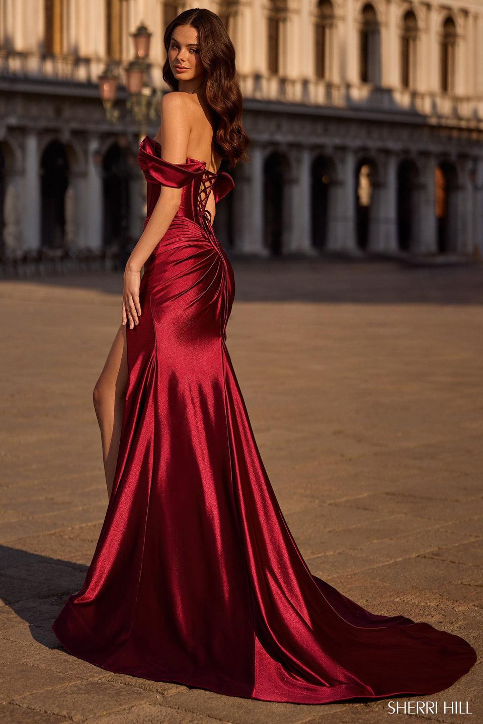 Sherri Hill Off The Shoulder Stretch Satin Gown With Corset Bodice Keyhole Skirt Slit And Lace Up Back