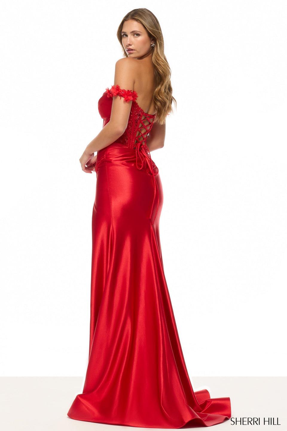 Sherri Hill Off The Shoulder Stretch Satin Gown With Corset Bodice And A Skirt Slit