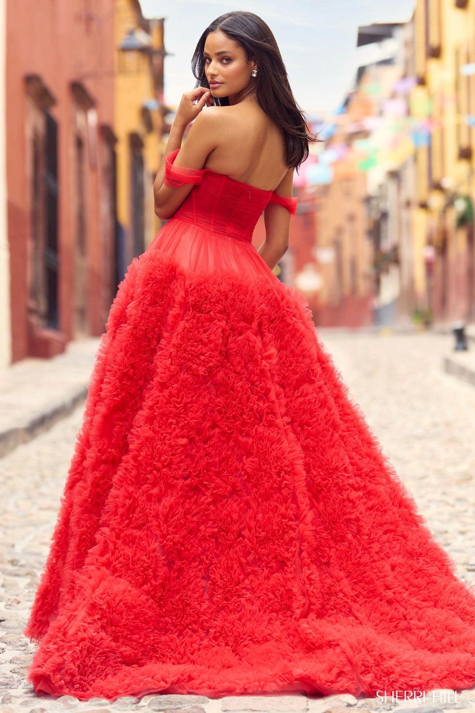 Sherri Hill Off The Shoulder Tulle Ball Gown With Ruffle Embellishments And High Slit