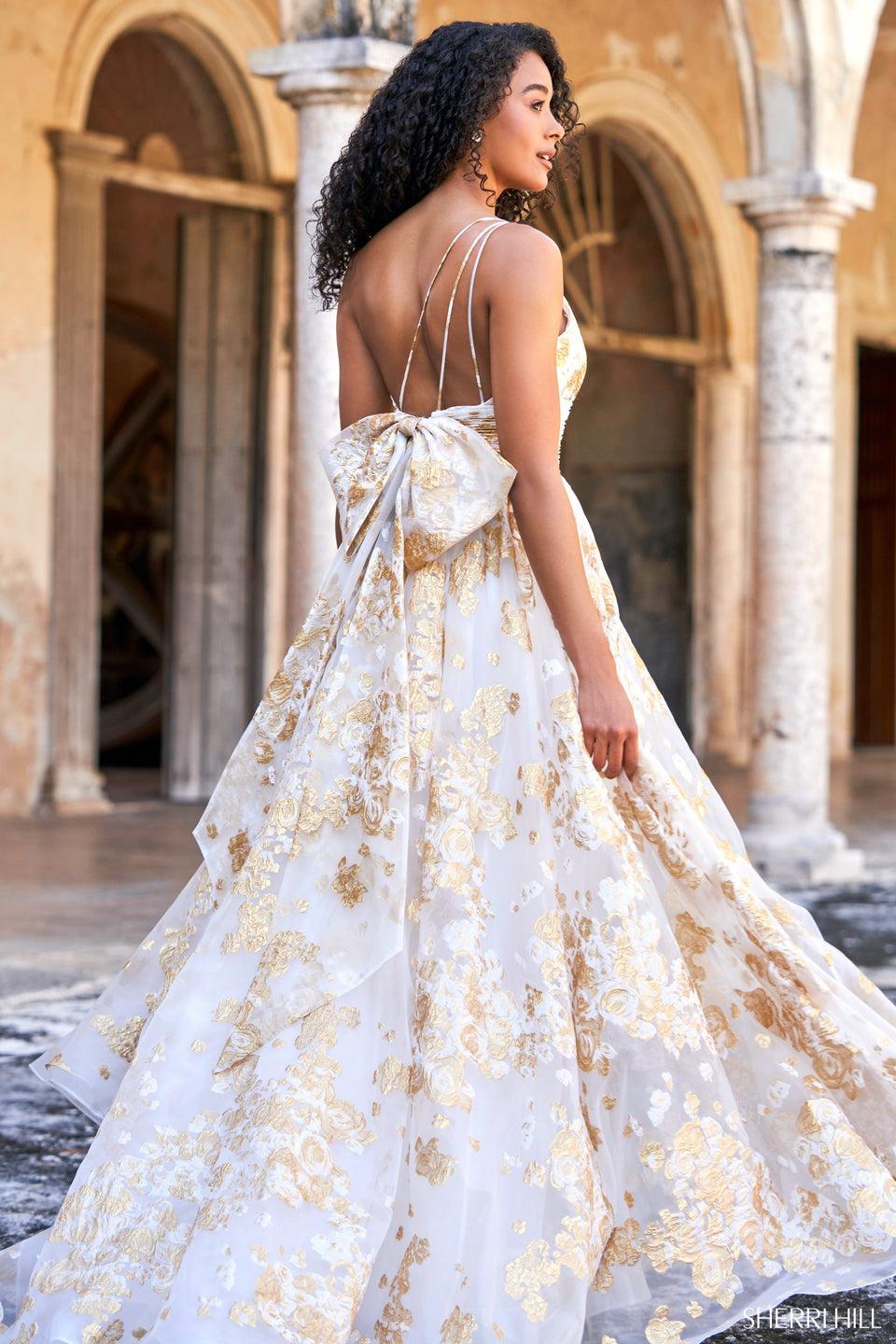 Sherri Hill One Shoulder A-line Ballgown With Gold Metallic Print Skirt Slit And Bow On Back