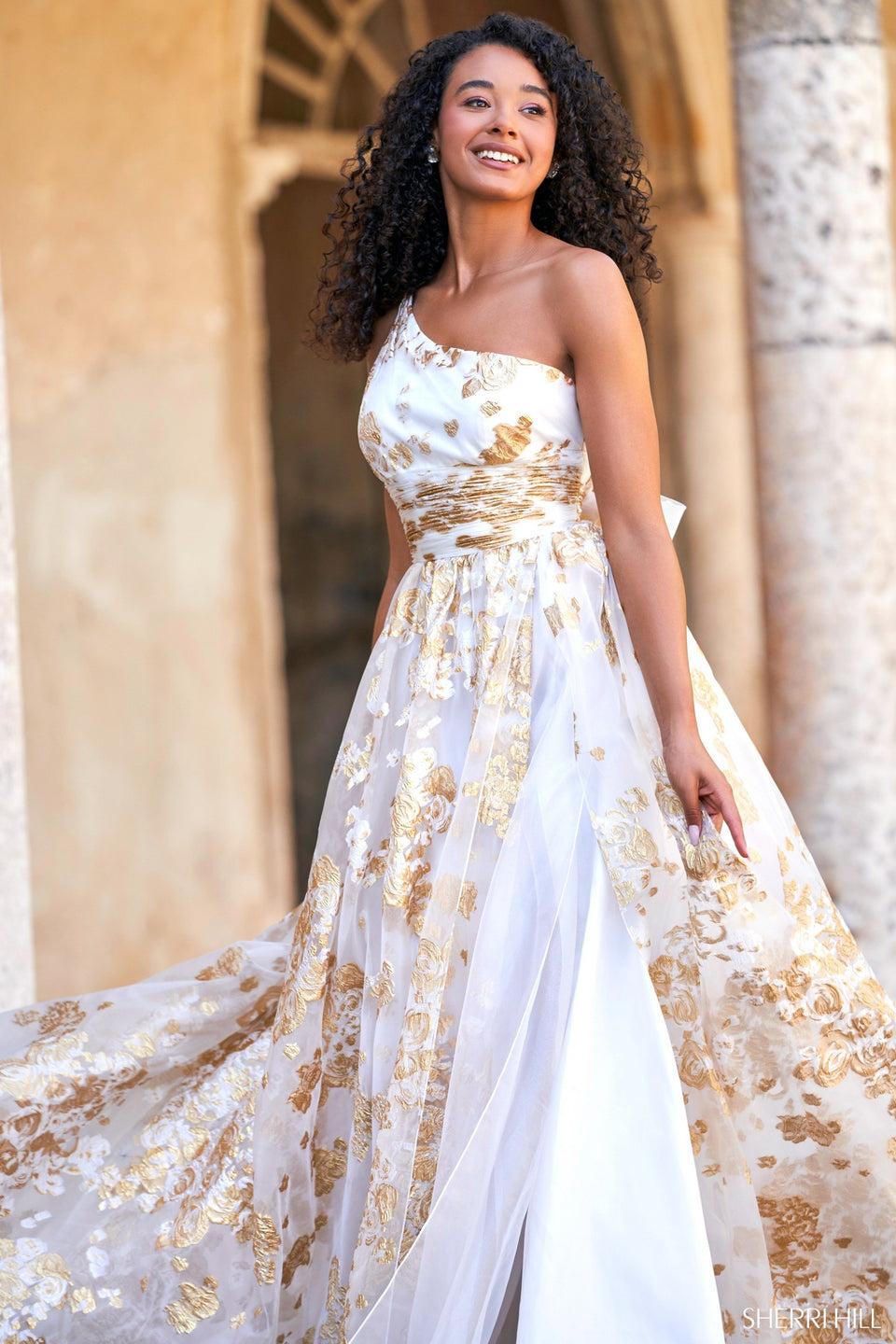 Sherri Hill One Shoulder A-line Ballgown With Gold Metallic Print Skirt Slit And Bow On Back