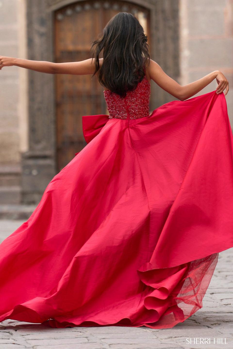 Sherri Hill One Shoulder Ballgown With Bow On Waistline Taffeta Skirt Slit And Beaded Bodice