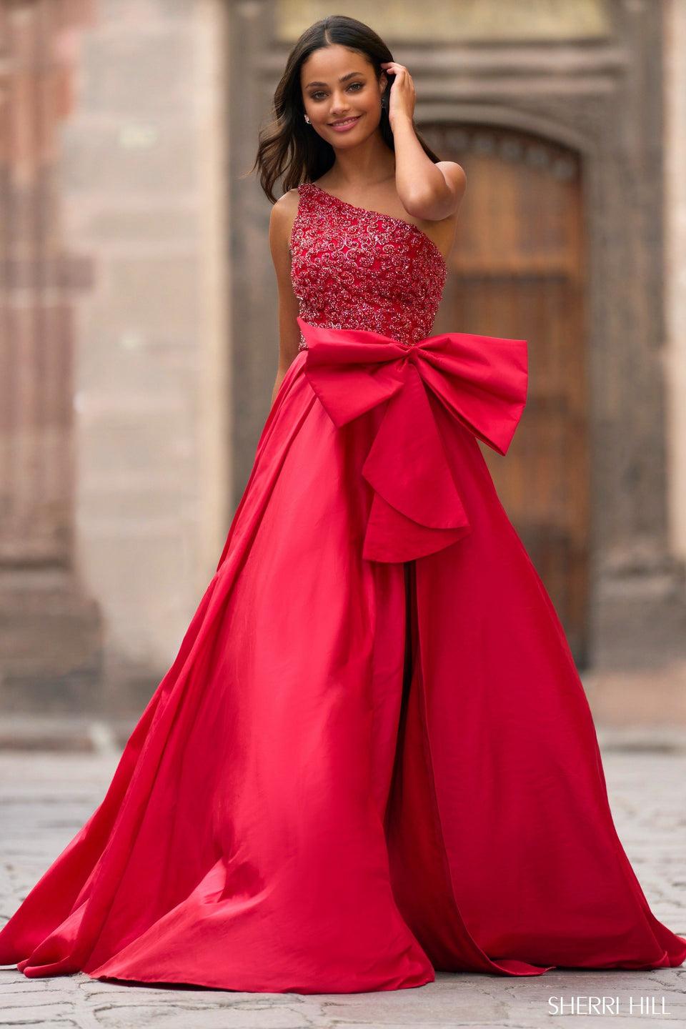 sherri hill One shoulder ballgown with bow on waistline taffeta skirt slit and beaded bodice