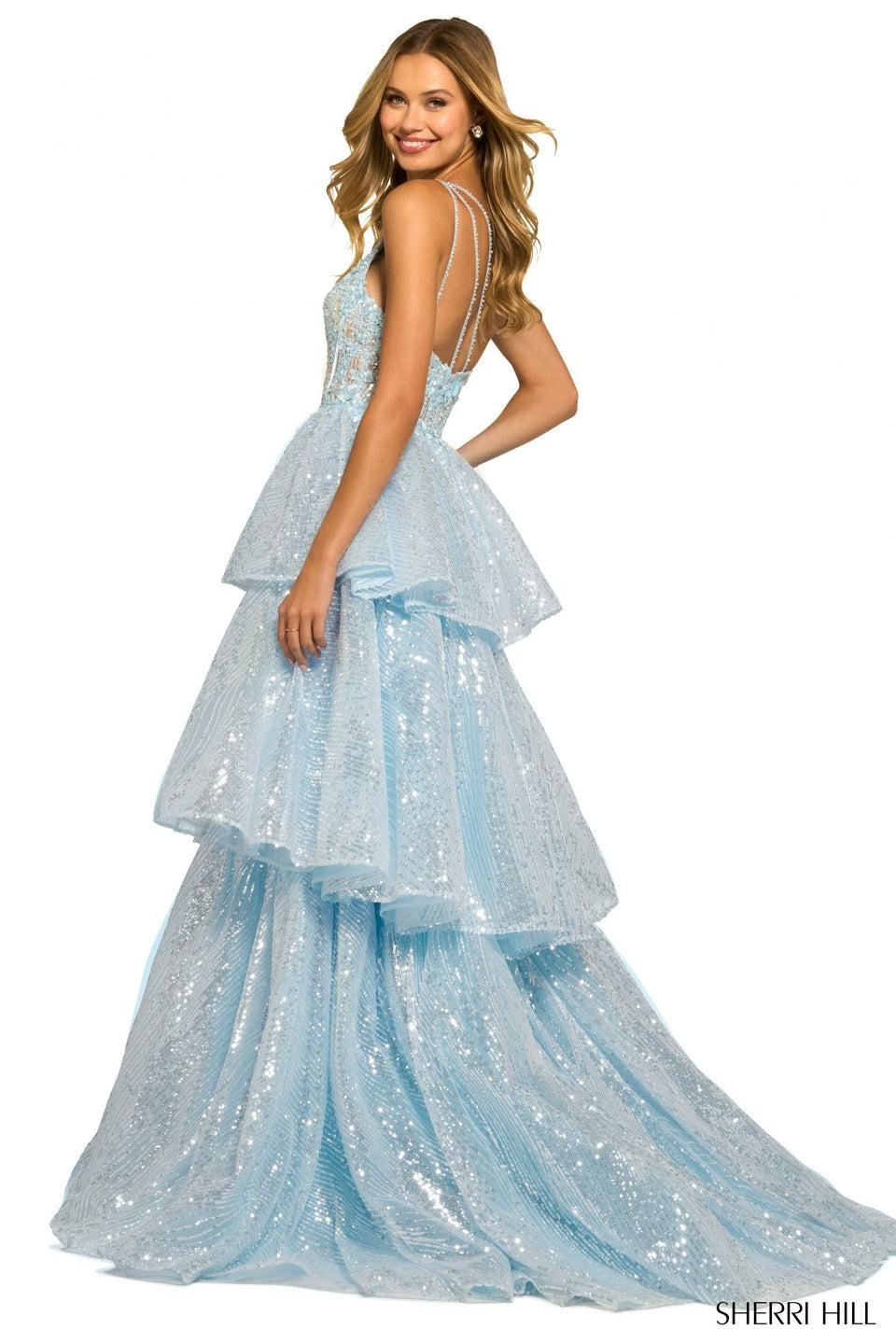 Sherri Hill One Shoulder Ballgown With Sheer Leaf Lace Corset Top Sequin Ruffle Tier Skirt And Slit