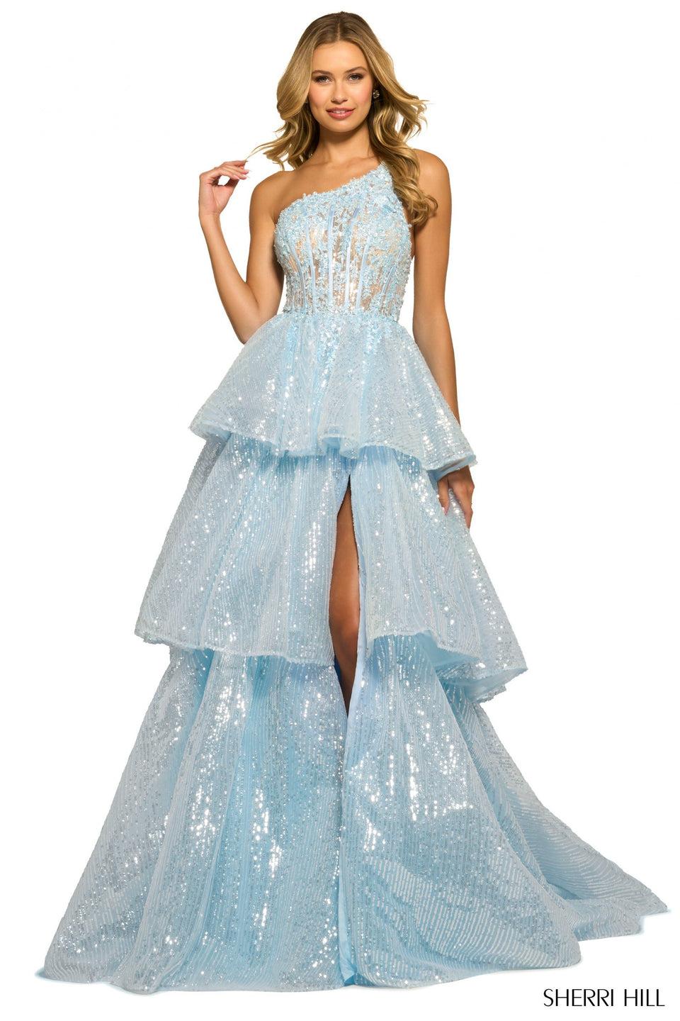 sherri hill One shoulder ballgown with sheer leaf lace corset top sequin ruffle tier skirt and slit