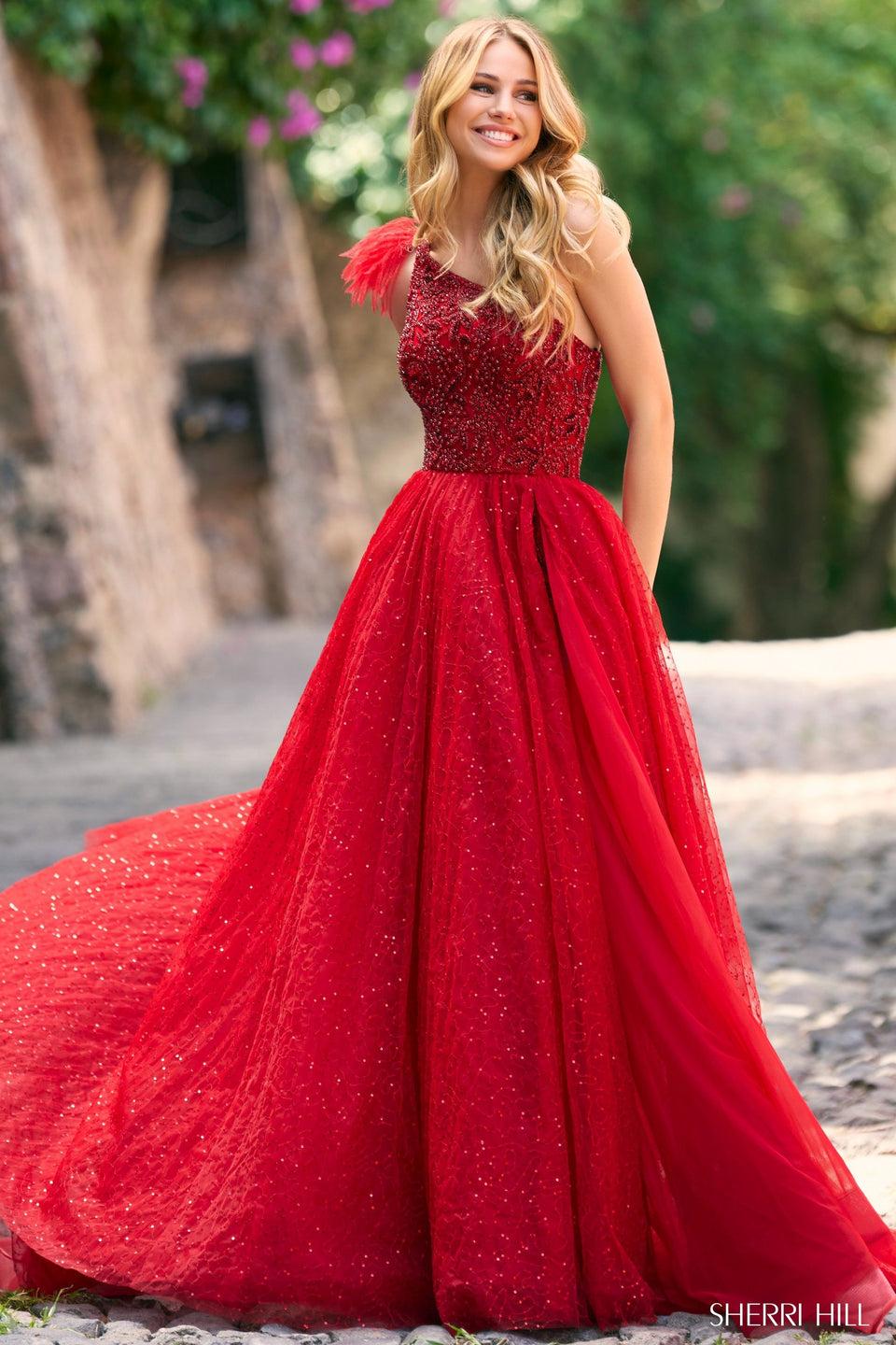 Sherri Hill One Shoulder Beaded Bodysuit Gown With A Sequin Tulle High Slit Skirt And Feathers On The Strap