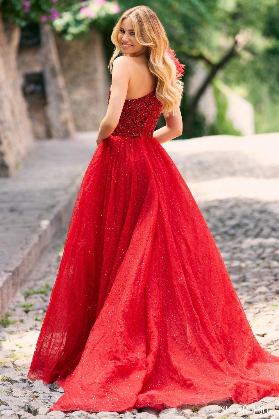Sherri Hill One Shoulder Beaded Bodysuit Gown With A Sequin Tulle High Slit Skirt And Feathers On The Strap