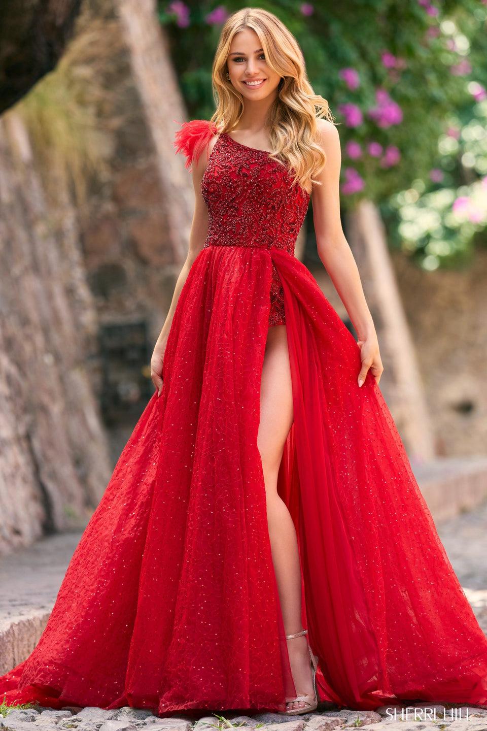 sherri hill One shoulder beaded bodysuit gown with a sequin tulle high slit skirt and feathers on the strap