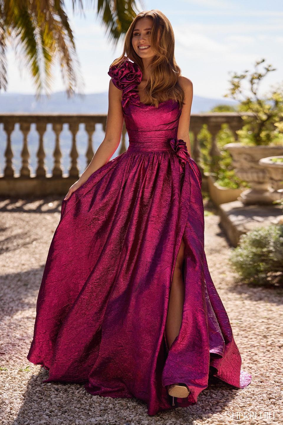 Sherri Hill One Shoulder Brocade A-Line Gown With High Slit