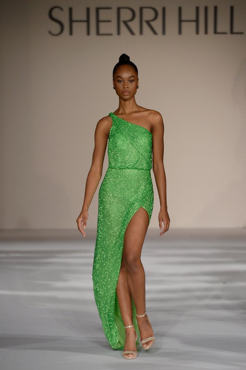 Sherri Hill One Shoulder Bugle Beaded Gown With High Slit And Open Back