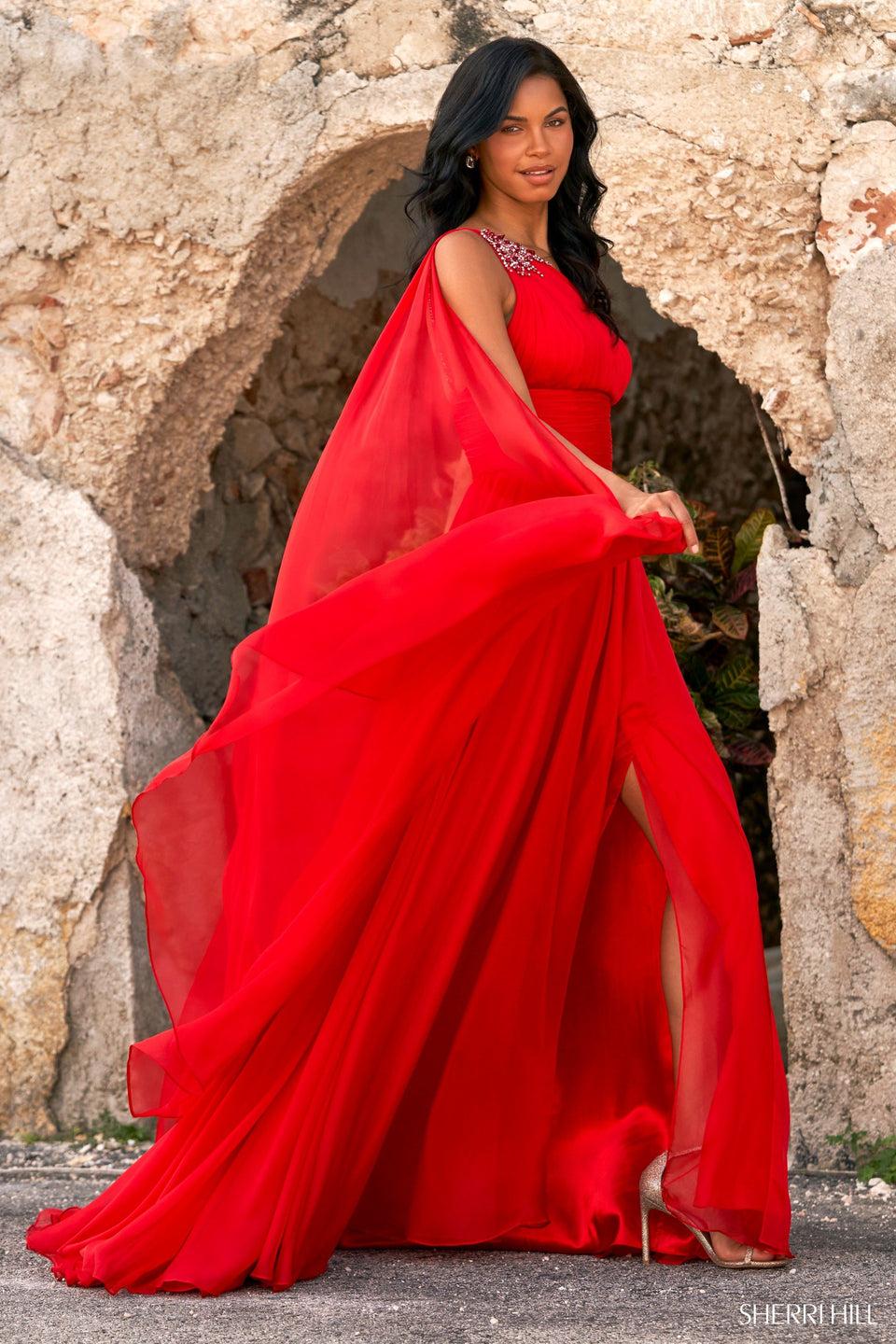 Sherri Hill One Shoulder Chiffon Gown With Cape And High Skirt Slit