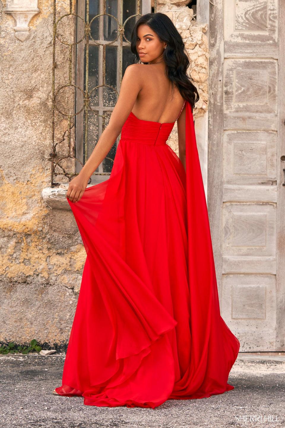 Sherri Hill One Shoulder Chiffon Gown With Cape And High Skirt Slit