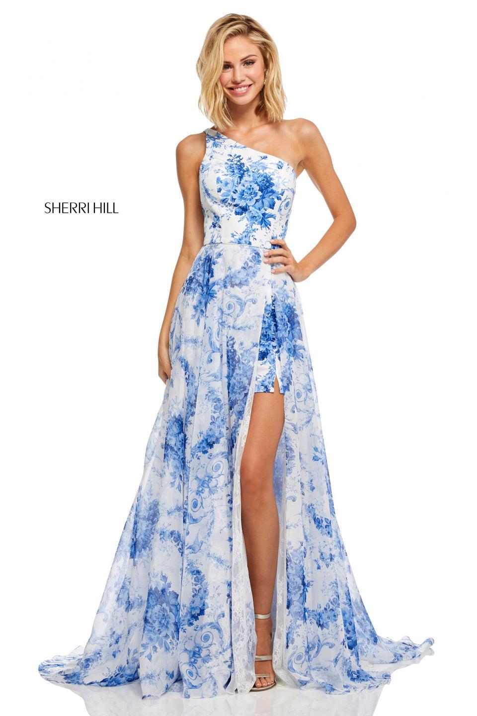 sherri hill one-shoulder chiffon ivory blue print dress with lace and chiffon slit skirt